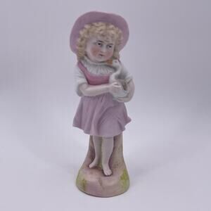 Girl Holding Duck Ceramic Figurine Pink Hat Dress Barefoot Blonde Curly Hair